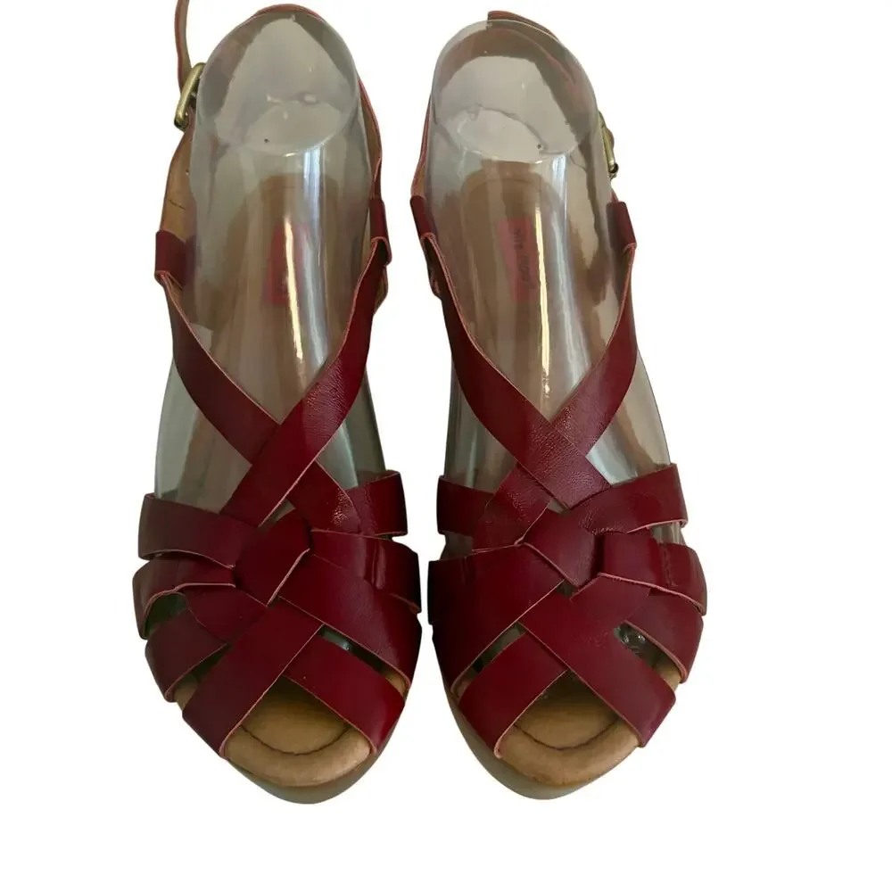 Miz Mooz Gizmo Maroon Leather Strappy Wood Wedge Slingback Sandals Basketweave